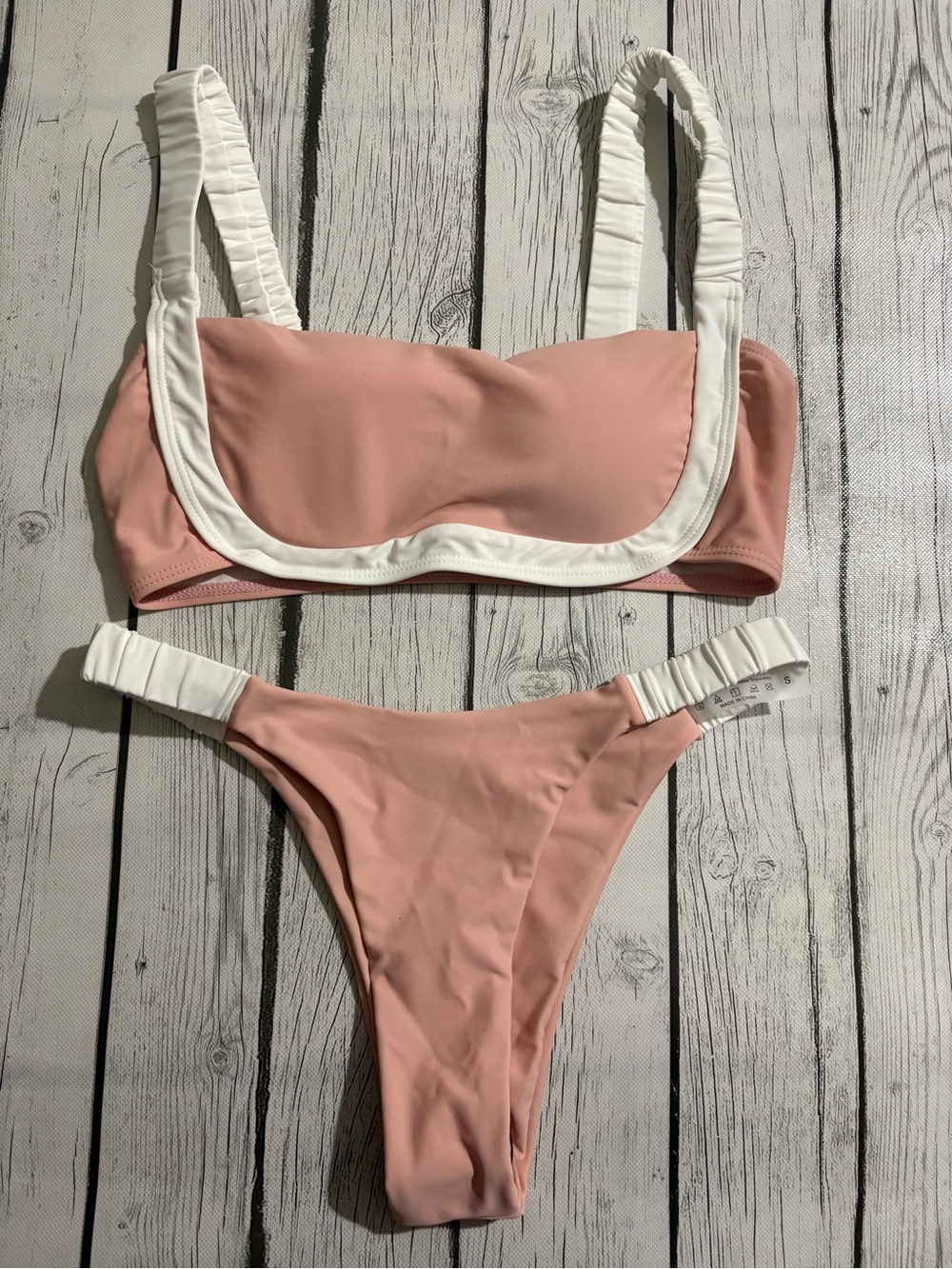 Women's Padded Wide Strap Bikini Swimsuit Set Pink white small ruched straps